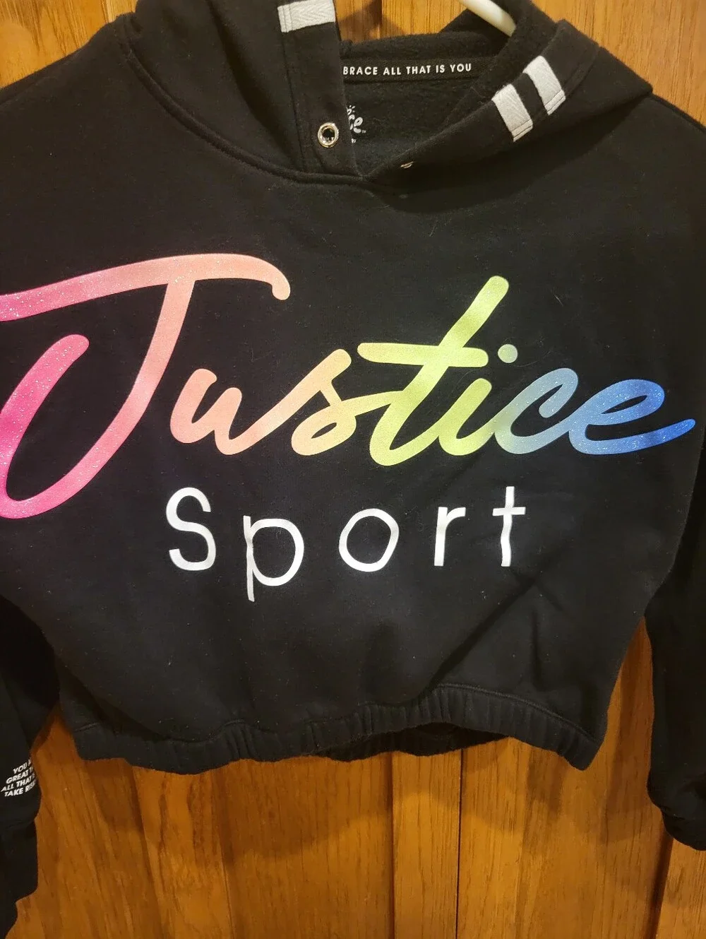 Girls Justice Sport Girls' Cropped Hoodie - Black Sparkle Rainbow Logo. Size 10